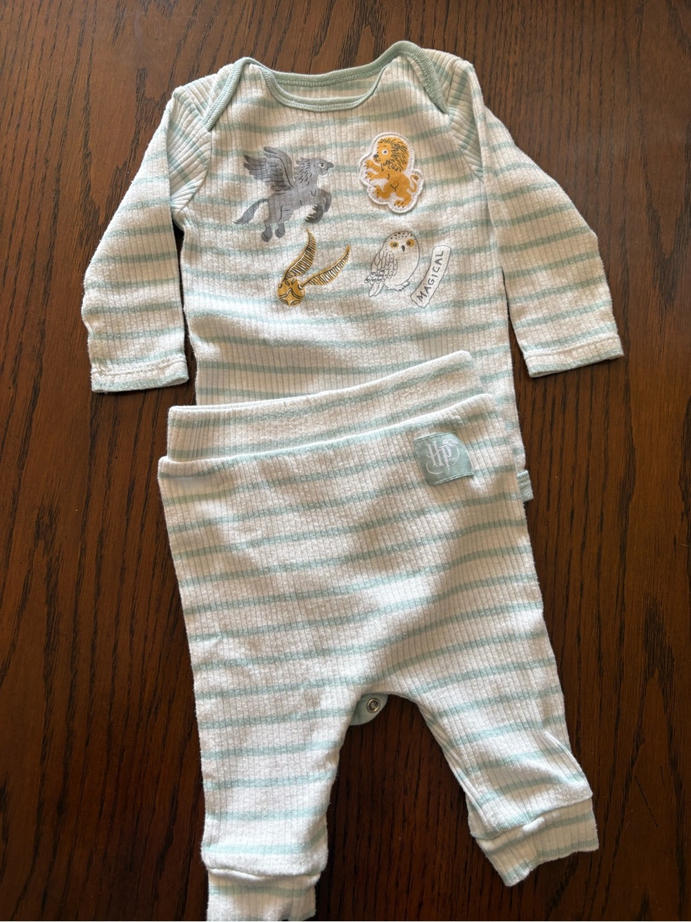 Warner Bros. Mint & White Striped Baby One-Piece with Magical Creature Patches